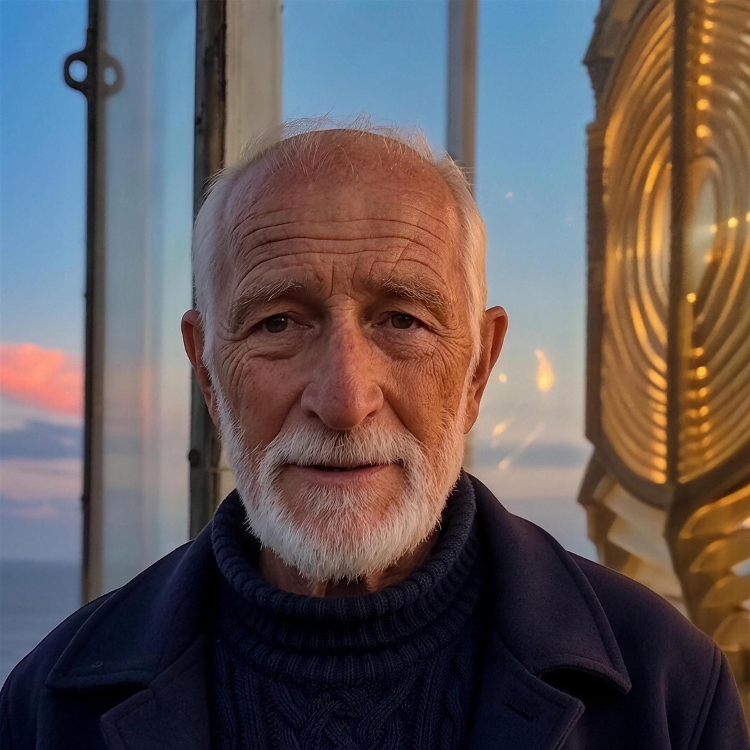 Tomas, with a weathered face and short white beard, beside the lighthouse lens